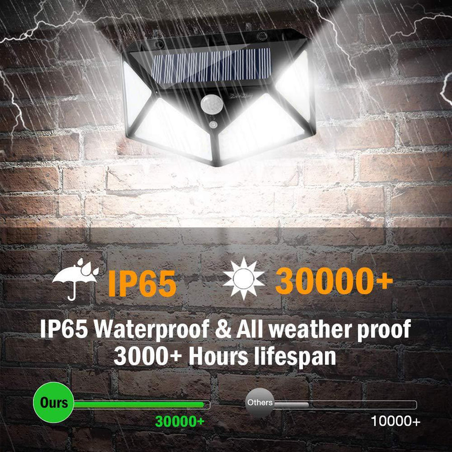 LED Solar Wall Light with Motion Sensor, Waterproof Outdoor 100 LED before after