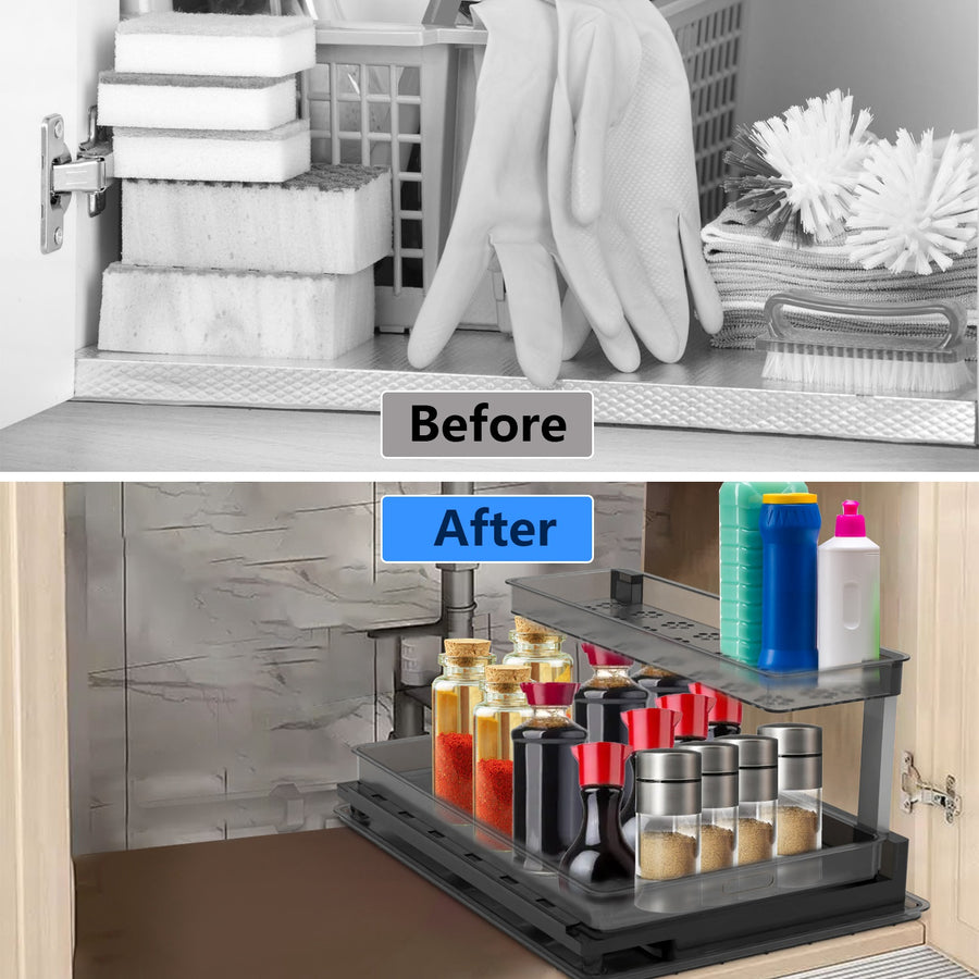 2-Tier Pull-Out Under Sink Organizer™ Maximize Your Cabinet Space before after