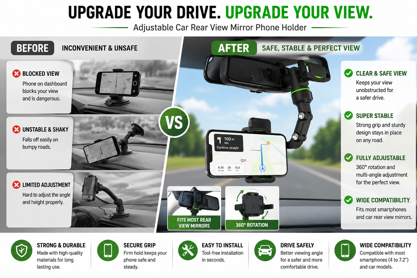Adjustable Car Mirror Phone Holder