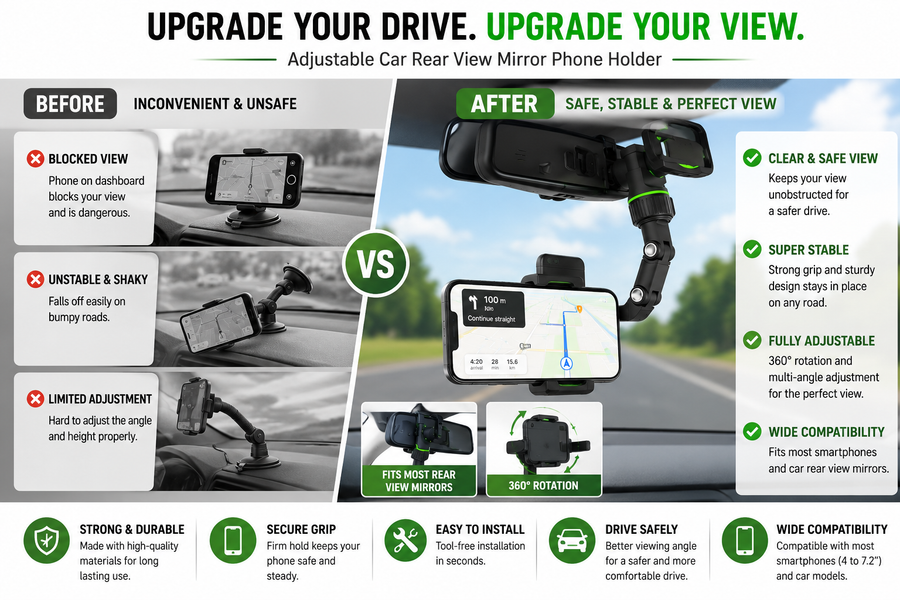Adjustable Car Mirror Phone Holder before after